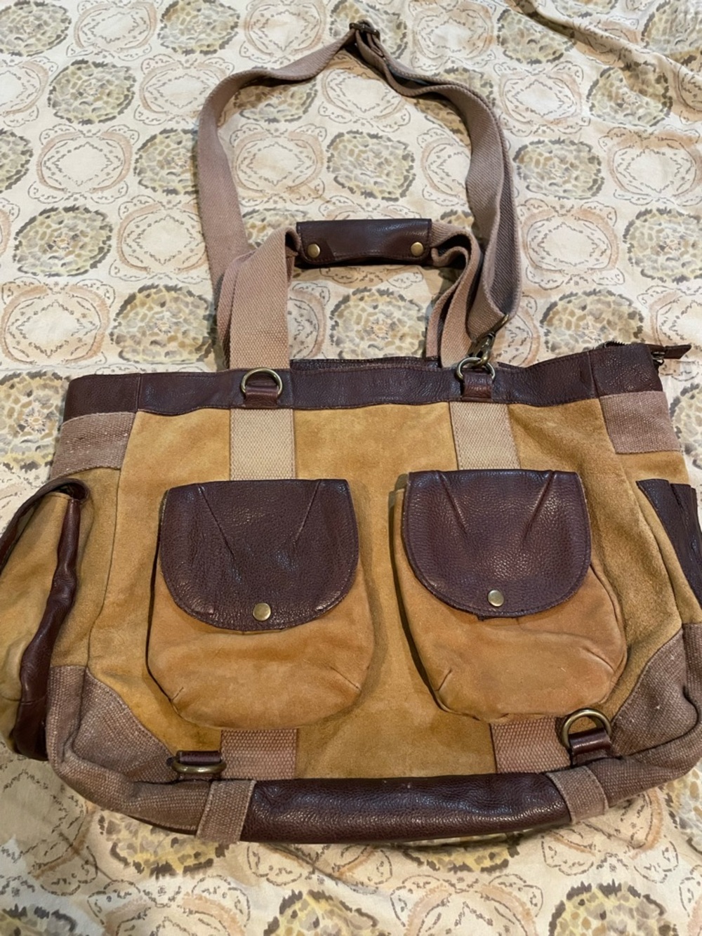 Free People Tan and Brown Suede Canvas Messenger Bag